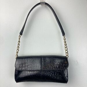 Vintage Y2K Mini Satchel Shoulder‎ Bag Black Alligator Print Brass Chain Vegan